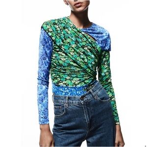Zara Draped Floral Print Top Blogger Favorite Ruched Detailing